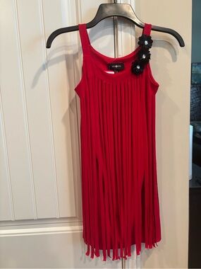 Red Fringe Sleeveless Tank Top with Black Flower Accenting Amy Byers